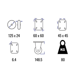 Zwenkwiel met thermoplastisch rubber, stalen gaffel en plaatbevestiging, 125 mm diameter