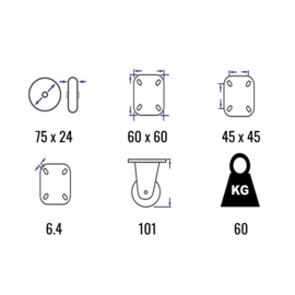 Fixed castor with thermoplastic rubber, steel fork and plate mount, 75 mm diameter