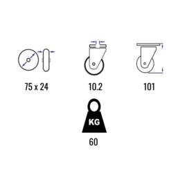 Zwenkwiel met rem, thermoplastisch rubber, stalen gaffel en boutgat, 75 mm diameter