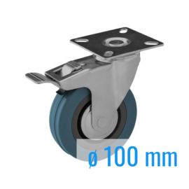 Lenkrolle mit Bremse, Vollgummi, Stahlgabel und Plattenmontage, 100 mm Durchmesser