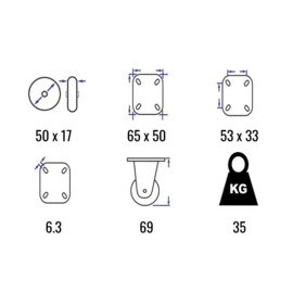 Fixed castor made of solid rubber, with steel fork and  plate mount, 50 mm diameter