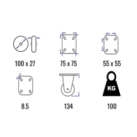 Lenkrolle mit thermoplastischem Gummi, Polypropylen-Felge, Stahlgabel und Plattenmontage, 100 mm Durchmesser