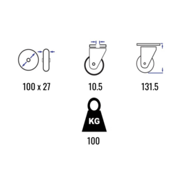 Zwenkwiel met rem, thermoplastisch rubber, velg van polypropyleen, stalen gaffel en boutgat, 100 mm diameter