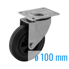 Swivel castor with black rubber tire, steel fork and plate mount, 100 mm diameter