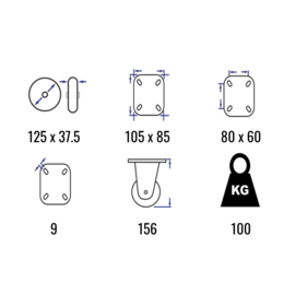 Lenkrolle mit schwarzem Gummireifen, Stahlgabel und Plattenmontage, 125 mm Durchmesser