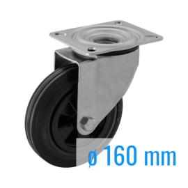 Swivel castor with black rubber tire, steel fork and plate mount, 160 mm diameter