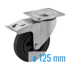 Swivel castor with brake, black rubber tire, steel fork and plate mount, 125 mm diameter