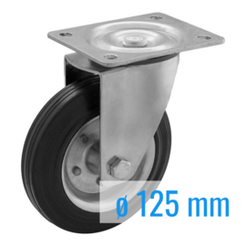 Swivel castor with black rubber tire and steel rim, steel fork and plate mount, 125 mm diameter