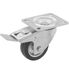 Swivel castor with brake, black rubber tire and steel rim, steel fork and plate mount, 80 mm diameter