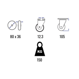 Swivel castor with brake,  elastic rubber tire, steel fork and bolt hole, 80 mm diameter