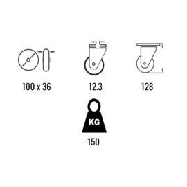 Swivel castor with brake,  elastic rubber tire, steel fork and bolt hole, 100 mm diameter