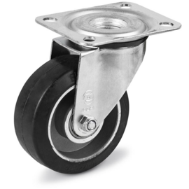 Swivel castor with elastic rubber tire, aluminium rim, steel fork and plate mount, 80 mm diameter