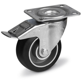 Swivel castor with brake, elastic rubber tire, aluminium rim, steel fork and plate mount, 80 mm diameter