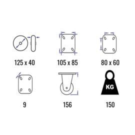 Swivel castor with brake, elastic rubber tire, aluminium rim, steel fork and plate mount, 125 mm diameter