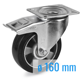 Swivel castor with brake, elastic rubber tire, aluminium rim, steel fork and plate mount, 160 mm diameter