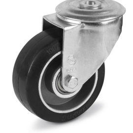 Swivel castor with elastic rubber tire, aluminium rim, steel fork and bolt hole, 80 mm diameter