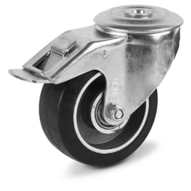 Swivel castor with brake, elastic rubber tire, aluminium rim, steel fork and bolt hole, 80 mm diameter