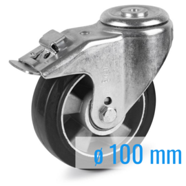 Swivel castor with brake, elastic rubber tire, aluminium rim, steel fork and bolt hole, 100 mm diameter