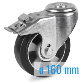 Swivel castor with brake, elastic rubber tire, aluminium rim, steel fork and bolt hole, 160 mm diameter