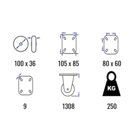 Swivel castor with nylon tire, central kingpin, steel fork and plate mount, 100 mm diameter