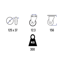 Swivel castor with nylon tire, central kingpin, steel fork and bolt hole, 125 mm diameter