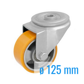 Swivel castor with polyurethane tire, central kingpin, steel fork and bolt hole, 125 mm diameter