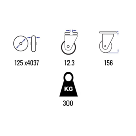 Swivel castor with polyurethane tire, central kingpin, steel fork and bolt hole, 125 mm diameter