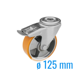 Swivel castor with brake, polyurethane tire, central kingpin, steel fork and bolt hole, 125 mm diameter