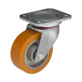 Heavy duty swivel castor with polyurethane tyre, central bolt, steel fork and plate mount, 125 mm diameter